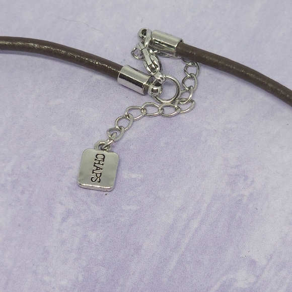 Chaps Silver Tone Charm Brown Cord Necklace - Picture 6 of 8